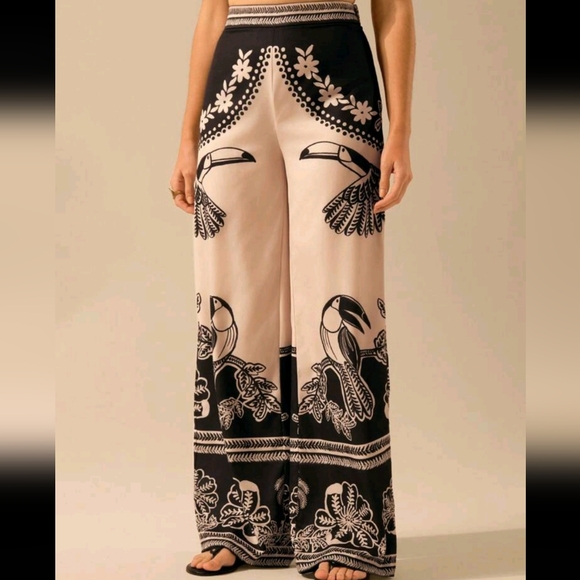 Women's Boho Tropical Bird & Plant Print Black Relaxed Straight Leg High Waist - Picture 4 of 4